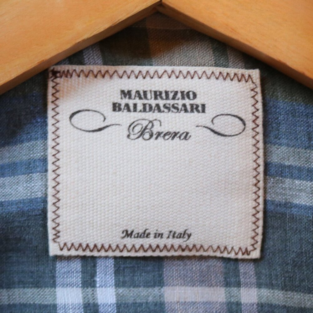 Maurizio Baldassari Brera Shirt Men's L Plaid 100% Linen Button-Down Azure Gray - Picture 4 of 8